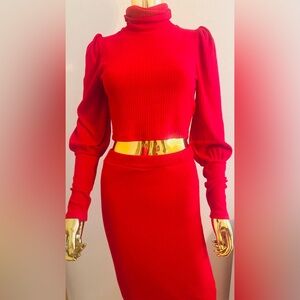 3 PC Red Midi Skirt Set, Sunset Floral Shirt and Turtleneck, Size M,